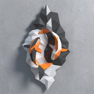 Modello PDF di pesce carpa koi in carta 3D, scultura di carta yin yang, scultura di pesce fai da te Low Poly per decorazioni murali, decorazione di carta per la casa