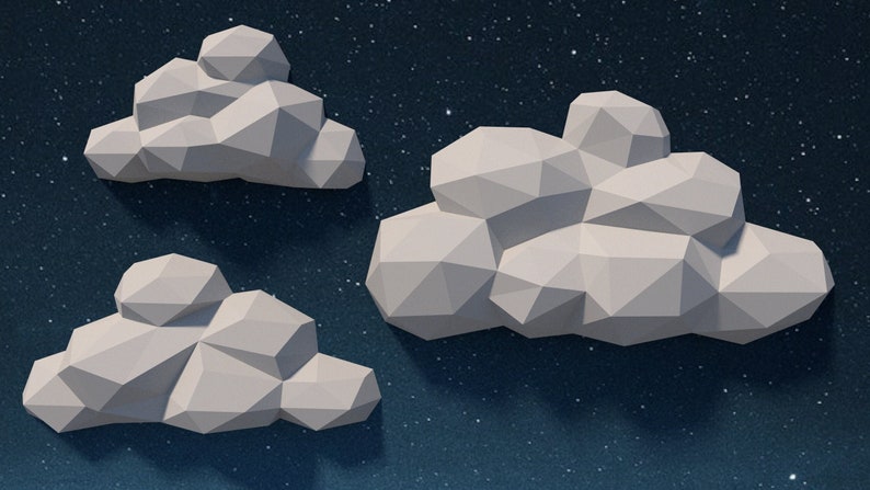 May include: Three white, geometric, paper clouds against a dark blue starry background.