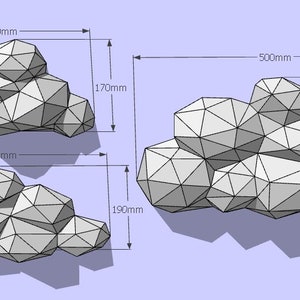 May include: Three grey, geometric, cloud-shaped sculptures with measurements in millimetres. The largest cloud is 500 mm wide, 260 mm tall, and 93.3 mm deep. The middle cloud is 400 mm wide, 190 mm tall, and 73.2 mm deep. The smallest cloud is 300 mm wide, 170 mm tall, and 71.5 mm deep.