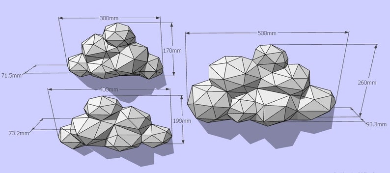 May include: Three grey, geometric, cloud-shaped sculptures with measurements in millimetres. The largest cloud is 500 mm wide, 260 mm tall, and 93.3 mm deep. The middle cloud is 400 mm wide, 190 mm tall, and 73.2 mm deep. The smallest cloud is 300 mm wide, 170 mm tall, and 71.5 mm deep.
