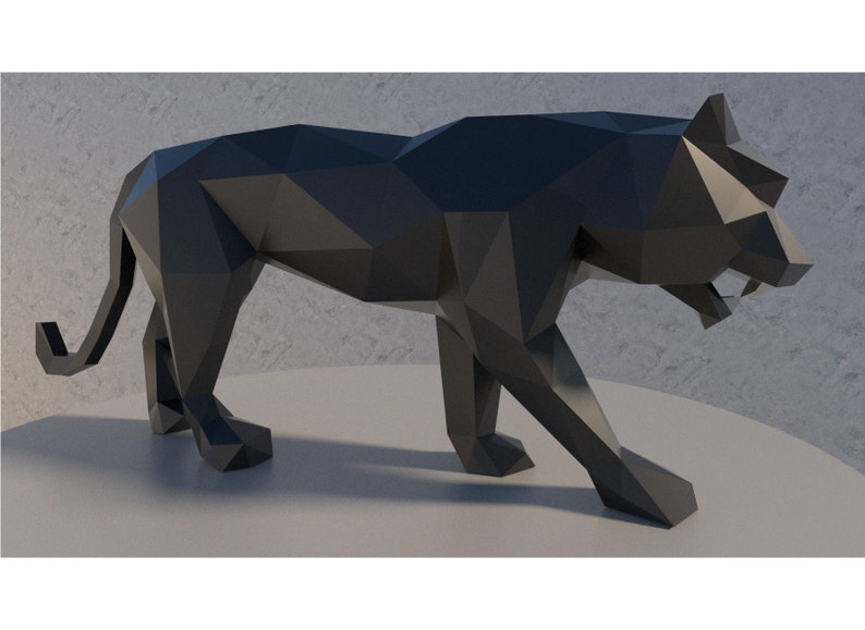 May include: A black origami panther sculpture with a geometric design. The sculpture is made of paper and is standing on a white surface.