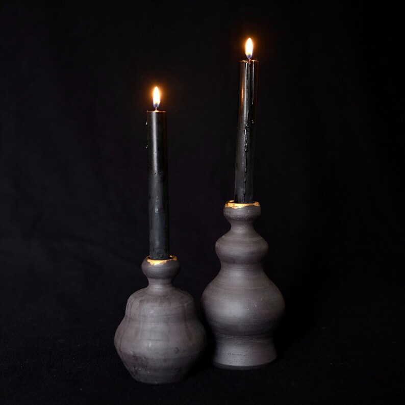 Set of 2 Black Ceramic Candle Holder Plated 14k Gold Made by Naiimpottery Handmade Ceramic