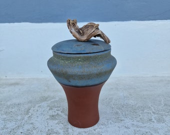 Terracotta Urn for ashes | Wood handle Urn | Unique Ceramic Urn | Artistic design Urn | Handmade Urn for pet or Human | One of a kind Vase