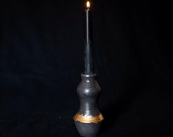 Black Ceramic Candle Holder Plated 14k Gold Made by Naiimpottery | Handmade Ceramic | Handcrafted Candle Holder