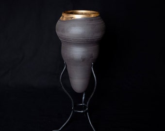 Ceramic Amphora Handcrafted by Naiimpottery | Black Amphora Pointed Vase in a Unique Metal Stand | Handcrafted Amphora Gold Coated