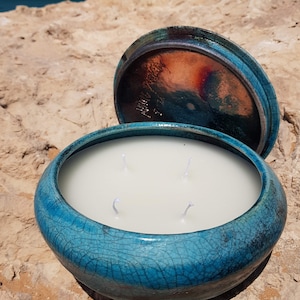 Handmade Raku Ceramic Candle Box: Round Pottery Trinket Jar