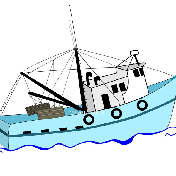 fishing boat svg, instant download, hand drawn digital boat, shrimp boat clipart, fisherman art, fishing clip art