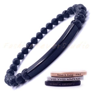 Customized Beaded Bracelet, Black Lava Stretchy Bracelet, 6mm Beaded Bracelet, Custom Engraved stone Bracelet, Personalized Black Bracelet