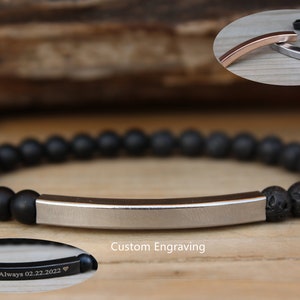 Customized Beaded Bracelet, Black Lava and Black Onyx Bracelet, 6mm Beaded Bracelet, Custom Engraved Bracelet, Personalized Bracelet