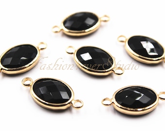 2pcs - 10x14mm Jet Black Crystal Oval With Gold Plated Brass Bezel Double Bail Connector Beads, Faceted Crystal Glass Connector Bead