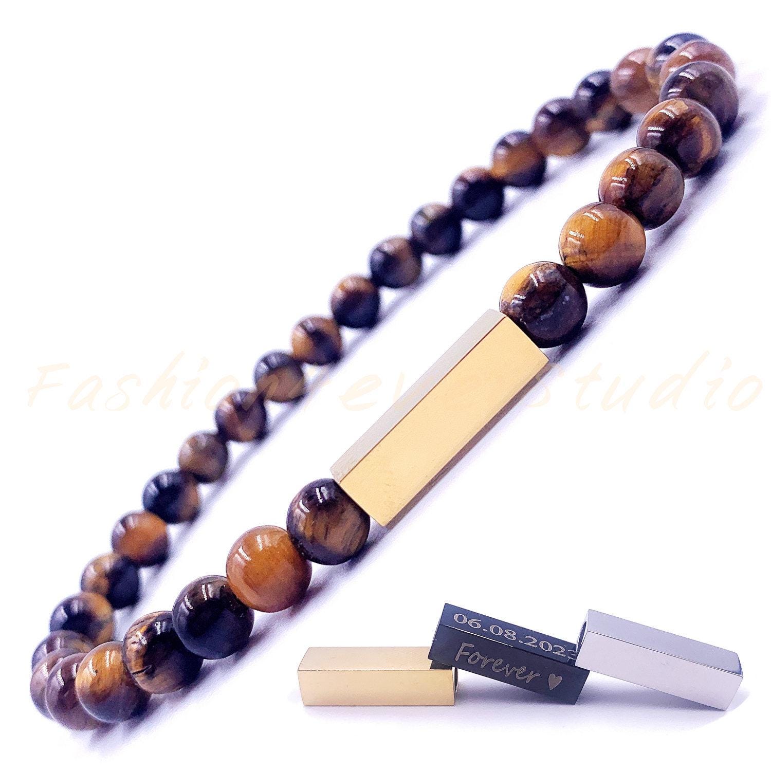 Customized Beaded Bracelet,  Tiger Eye Bracelet, 6mm Beaded Bracelet, Custom Engraved Bracelet, Personalized Bracelet