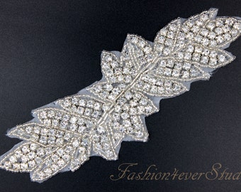 Crystal Clear Rhinestone Applique, Bridal Sash Applique, Wedding Belt Applique, Crystal Beaded Applique, Bridal Accessories