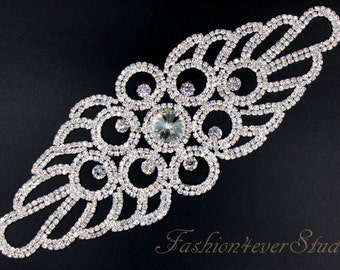Crystal Clear Rhinestone Applique, Bridal Sash Applique, Wedding Belt Applique, Crystal Beaded Applique, Bridal Accessories