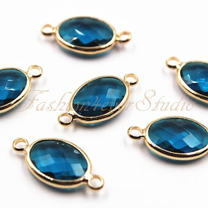 2pcs - 10x14mm Blue Zircon Crystal Oval With Gold Plated Brass Bezel Double Bail Connector Beads, Faceted Crystal Glass Connector Bead