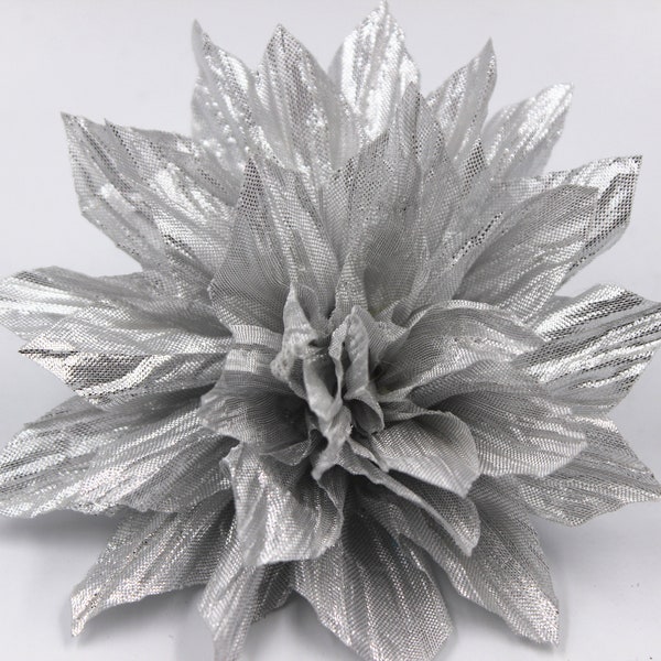 1ps 4.5 inches Silver Poly Satin Flower, Satin Puff Flower, DIY Headpieces, Brooches, Wedding Blossom(Back Clip not included)