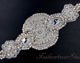 Crystal Clear Rhinestone Applique, Bridal Sash Applique, Wedding Belt Applique, Crystal Beaded Applique, Bridal Accessories