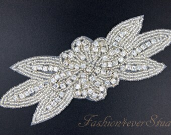 Crystal Clear Rhinestone Applique, Bridal Sash Applique, Wedding Belt Applique, Crystal Beaded Applique, Bridal Accessories
