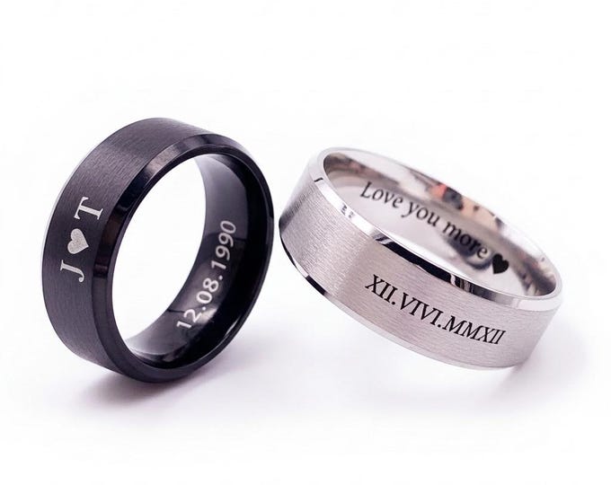 Customized 8mm Stainless Steel Ring, Black/Silver Steel Ring, Unisex Ring, Stainless Steel Ring, Custom Engraved Ring, Personalized Ring