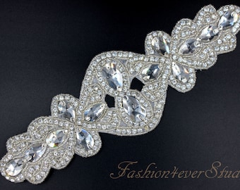 Crystal Clear Rhinestone Applique, Bridal Sash Applique, Wedding Belt Applique, Crystal Beaded Applique, Bridal Accessories