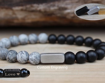 Customized Beaded Bracelet, Matte Gray Jasper and Onyx Bracelet, 8mm Beaded Bracelet, Custom Engraved Bracelet, Personalized Bracelet