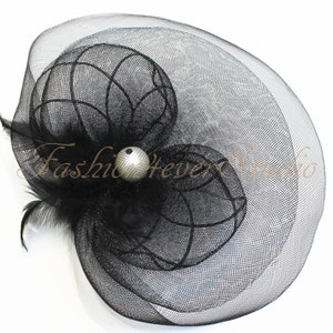 Black Headpiece 11 inches, Flower Fascinator, Feather Headpiece, Flower Fascinator, Feather Fascinator, With Hair Clip and Brooch Pin Back