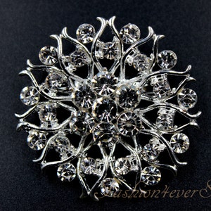 Broche de plata con diamantes de imitación de 1,75 pulgadas, broche de cristal con alfiler en la parte posterior, broche de plata, joyería de boda, accesorios de boda