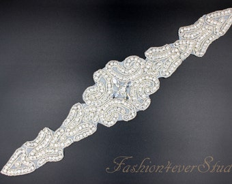 Crystal Clear Rhinestone Applique, Bridal Sash Applique, Wedding Belt Applique, Crystal Beaded Applique, Bridal Accessories