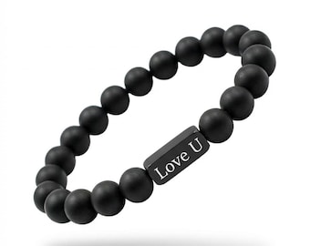 Customized Beaded Bracelet, Matte Black Onyx Bracelet, 8mm Beaded Bracelet, Custom Engraved Bracelet, Personalized Bracelet