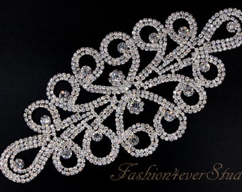 Crystal Clear Rhinestone Applique, Bridal Sash Applique, Wedding Belt Applique, Crystal Beaded Applique, Bridal Accessories