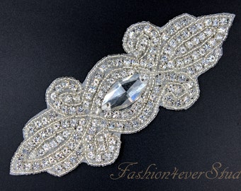 Crystal Clear Rhinestone Applique, Bridal Sash Applique, Wedding Belt Applique, Crystal Beaded Applique, Bridal Accessories