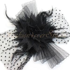 Black Headpiece 9 inches, Flower Fascinator, Feather Headpiece, Flower Fascinator, Feather Fascinator, With Hair Clip and Brooch Pin Back