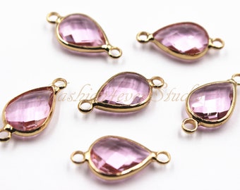 2 piezas - 10 x 14 mm de lágrima de cristal rosa con bisel de latón chapado en oro, cuentas de conector de doble asa, cuentas de conector de cristal facetado