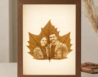 Custom Leaf Engraved Photo Frame with LED Light, Personalized Real Maple Leaf Art, Unique Anniversary Gift, Engraved Photo Keepsake Gift