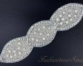 Crystal Clear Rhinestone Applique, Bridal Sash Applique, Wedding Belt Applique, Crystal Beaded Applique, Bridal Accessories