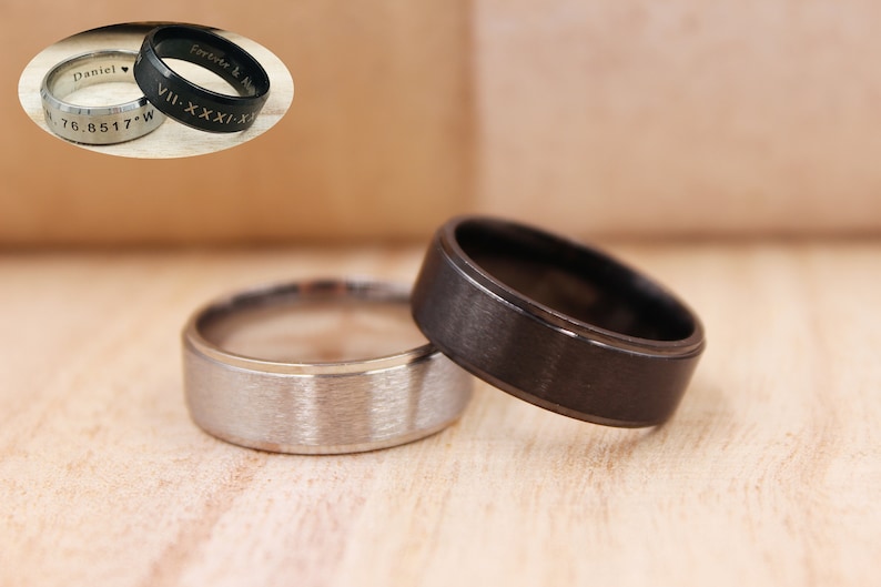 Customized 8mm Stainless Steel Ring, Black/Silver Steel Ring, Unisex Ring, Stainless Steel Ring, Custom Engraved Ring, Personalized Ring image 1
