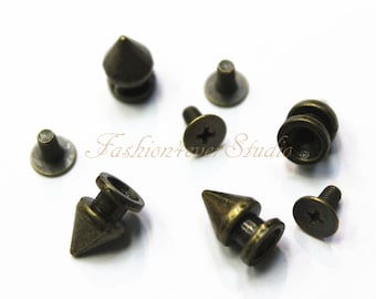 10 sets Brass Tone Base Metal Screw on Spike, 7mmx12mm Rivets Studs Spikes, Leather Craft Accessories, Craft Supplies