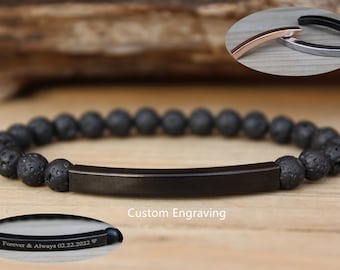 Customized Beaded Bracelet, Black Lava Bracelet, 6mm Beaded Bracelet, Custom Engraved Bracelet, Personalized Bracelet