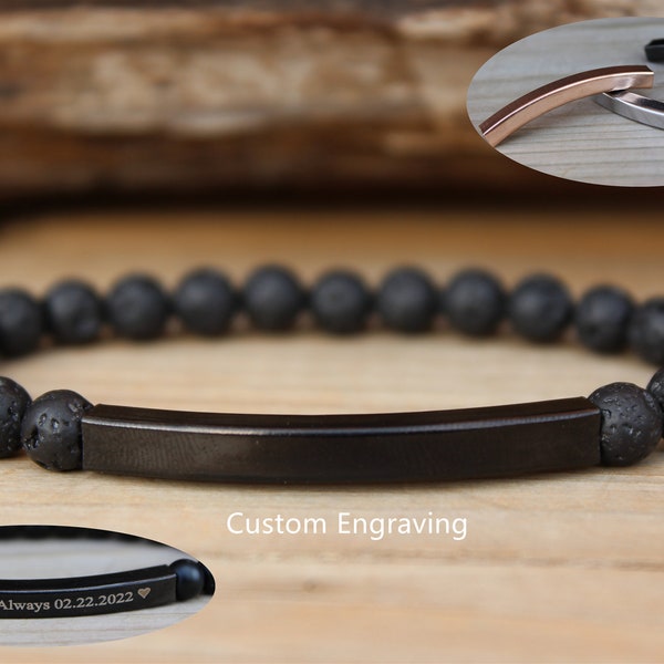 Customized Beaded Bracelet, Black Lava Bracelet, 6mm Beaded Bracelet, Custom Engraved Bracelet, Personalized Bracelet