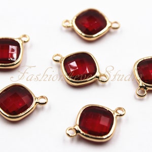 2pcs - 11x11mm Siam Crystal Square With Gold Plated Brass Bezel Double Bail Connector Beads, Faceted Crystal Glass Connector Bead