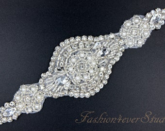 Crystal Clear Rhinestone Applique, Bridal Sash Applique, Wedding Belt Applique, Crystal Beaded Applique, Bridal Accessories