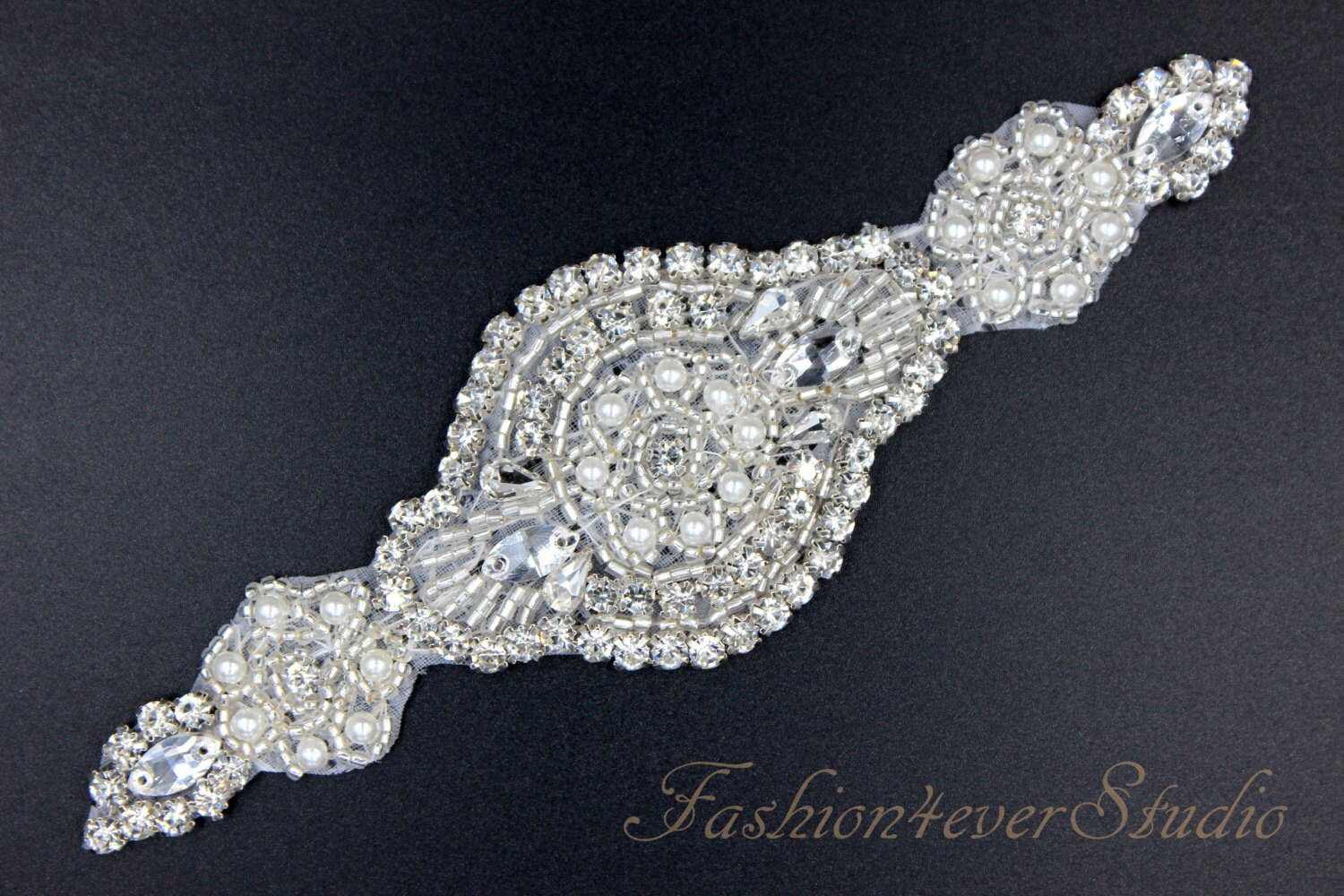 Crystal Embellished Applique Sash - Clear Rhinestones & Pearls Crystal Clear Rhinestone Applique, Bridal Sash Applique  main image 2