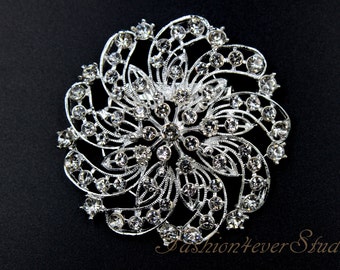 2.75 inches Rhinestone Silver Brooch, Crystal Brooch with Pin On The Back, Silver Brooch, Wedding Jewelry, Wedding Accessories