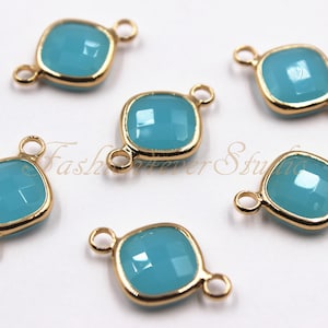 2pcs - 11x11mm Turquoise Crystal Square With Gold Plated Brass Bezel Double Bail Connector Beads, Faceted Crystal Glass Connector Bead