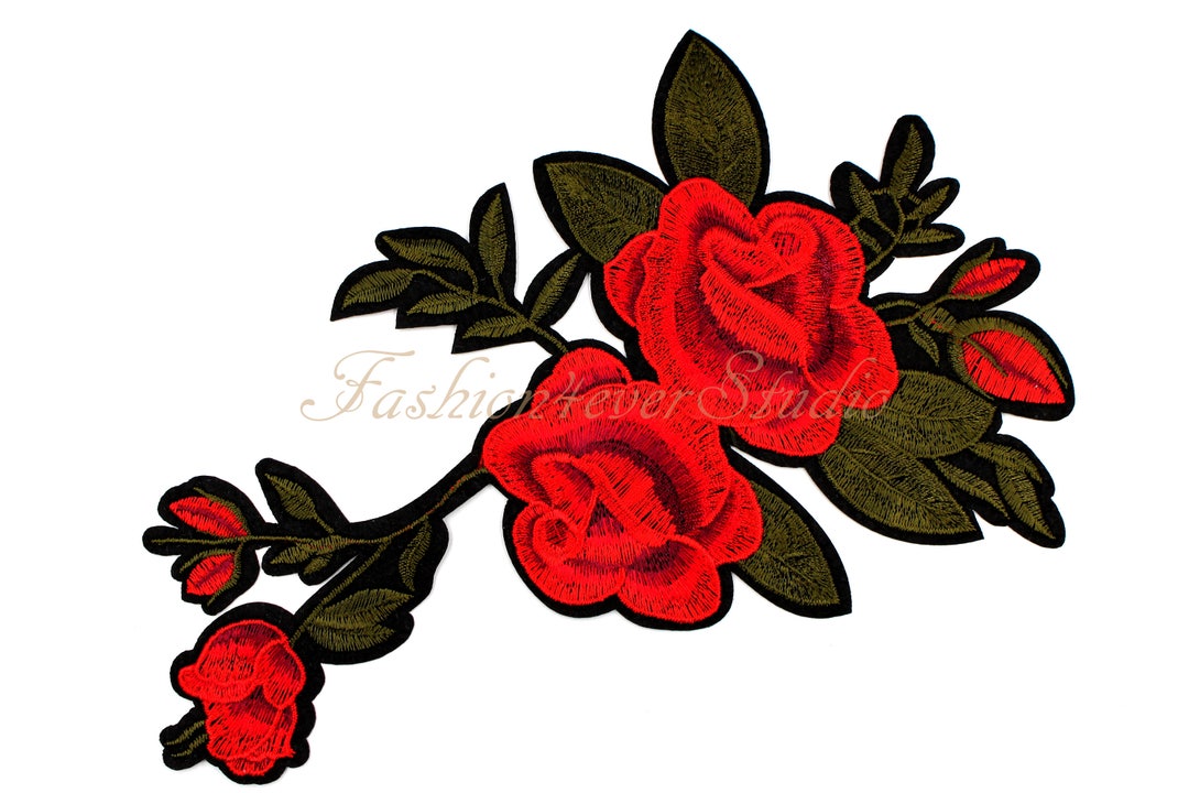 Rose Line Patch Large Flower Patch, Iron on Rose Patch, Red Rose Applique, Embroidered ...