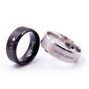 カスタマイズされた8 mmステンレススチールリング、ブラック/シルバースチールリング、ユニセックスリング、ステンレススチールリング、カスタム刻印リング、パーソナライズリング
