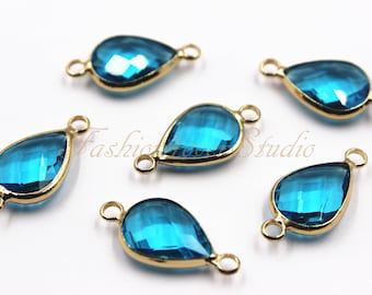 2 piezas - 10 x 14 mm de cristal aguamarina en forma de lágrima con bisel de latón chapado en oro, conector de cuentas de cristal facetado