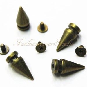 10 sets Brass Tone Base Metal Screw on Spike, 8mmx19mm Rivets Studs Spikes, Leather Craft Accessories, Craft Supplies