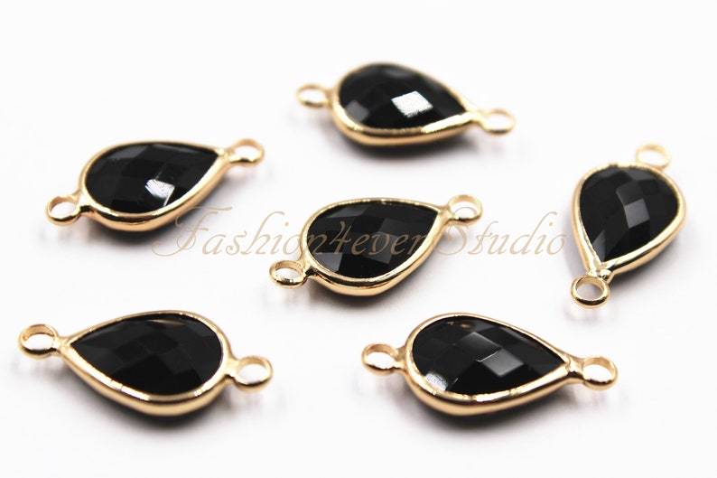 Faceted Crystal Glass Connector Bead 2pcs 10x14mm Jet Black Crystal Tear Drop With Gold Plated Brass Bezel Double Bail Connector Beads
