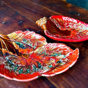 2 Vintage Large Vallauris Ceramic Presentation Dishes Bowls, Leaf and Shell-Shaped, French Pottery, Multi colored Glaze, Mid-Century Design