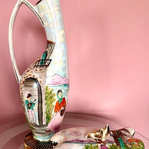 Large Vintage Belgian Ceramic Set H. Bequet Quaregnon, Italian Riviera Scene, Pearl Lustreware & Gold Accent, 1950s Hand-Painted Mid-Century